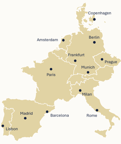 Map shows European cities marked with black dots, labeled: Copenhagen, Berlin, Prague, Munich, Frankfurt, Amsterdam, Paris, Lisbon, Madrid, Barcelona, Milan, Rome. Country borders are outlined.