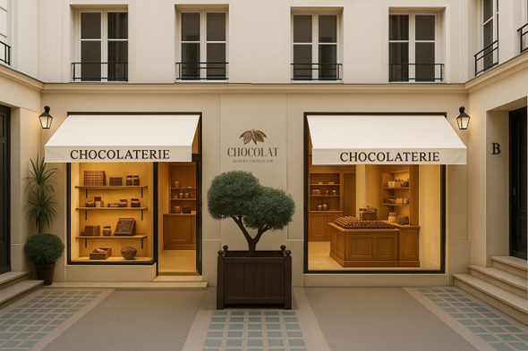 Facade displays chocolates, inviting customers; awnings read "CHOCOLATERIE" and "CHOCOLAT," trees accent entrance in stylish courtyard.