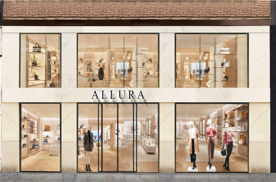 Storefront displays mannequins and handbags inside a stylish, illuminated fashion boutique labeled "ALLURA."